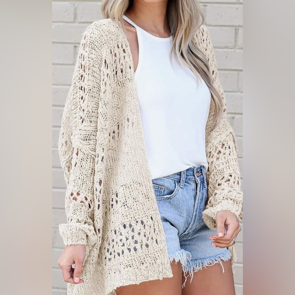 Oversized Crochet Cream Knit Cardigan Sweater large